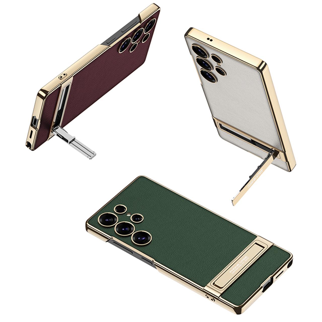 Triumph Electroplating Leather Golden Stand Case- Galaxy S25 Ultra