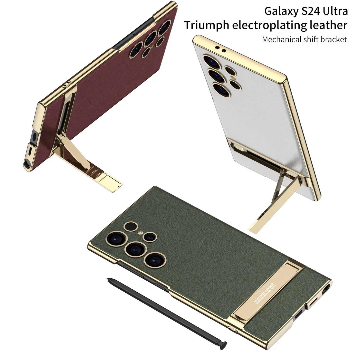 Triumph Electroplating Leather Golden Stand Case For Galaxy S24 Ultra